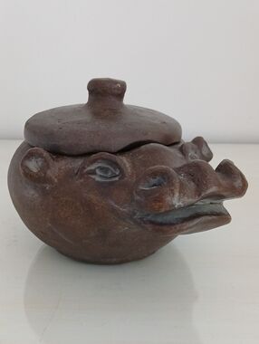 Vintage Lidded Hippo Brown Clay Cache Pot Signed 1997 HPI Whimsical Catch-all